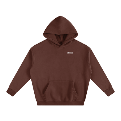 Brown hoodie with white lettering.
