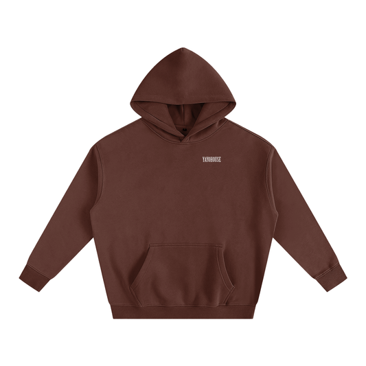 Brown hoodie with white lettering.
