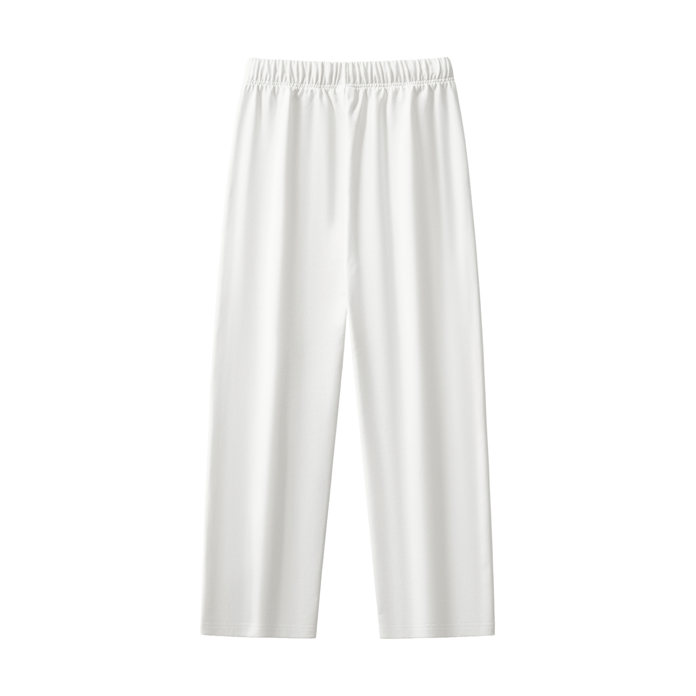 White wide-leg pants with elastic waistband.

