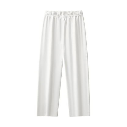 White wide-leg pants with elastic waistband.
