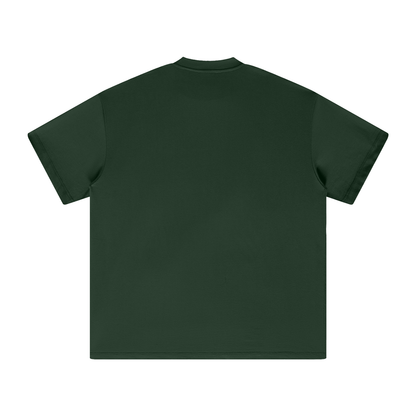 Back of a dark green short-sleeved t-shirt.