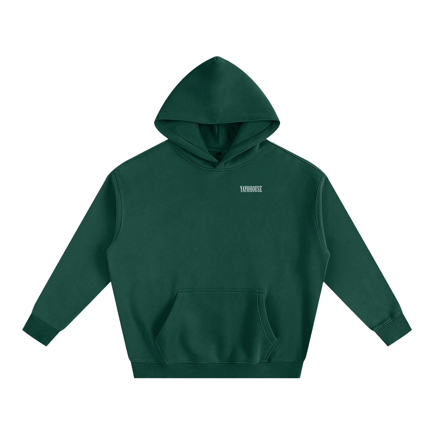 Forest green hoodie with kangaroo pocket and small white logo.
