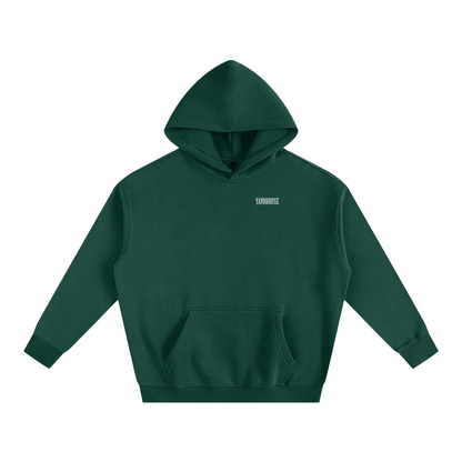 Forest green hoodie with kangaroo pocket and small white logo.
