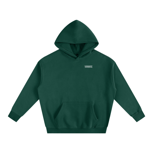Forest green hoodie with kangaroo pocket and small white logo.

