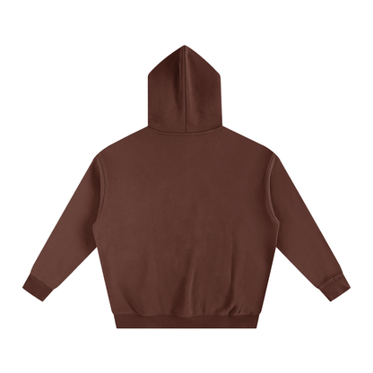 Back of brown hoodie with hood.