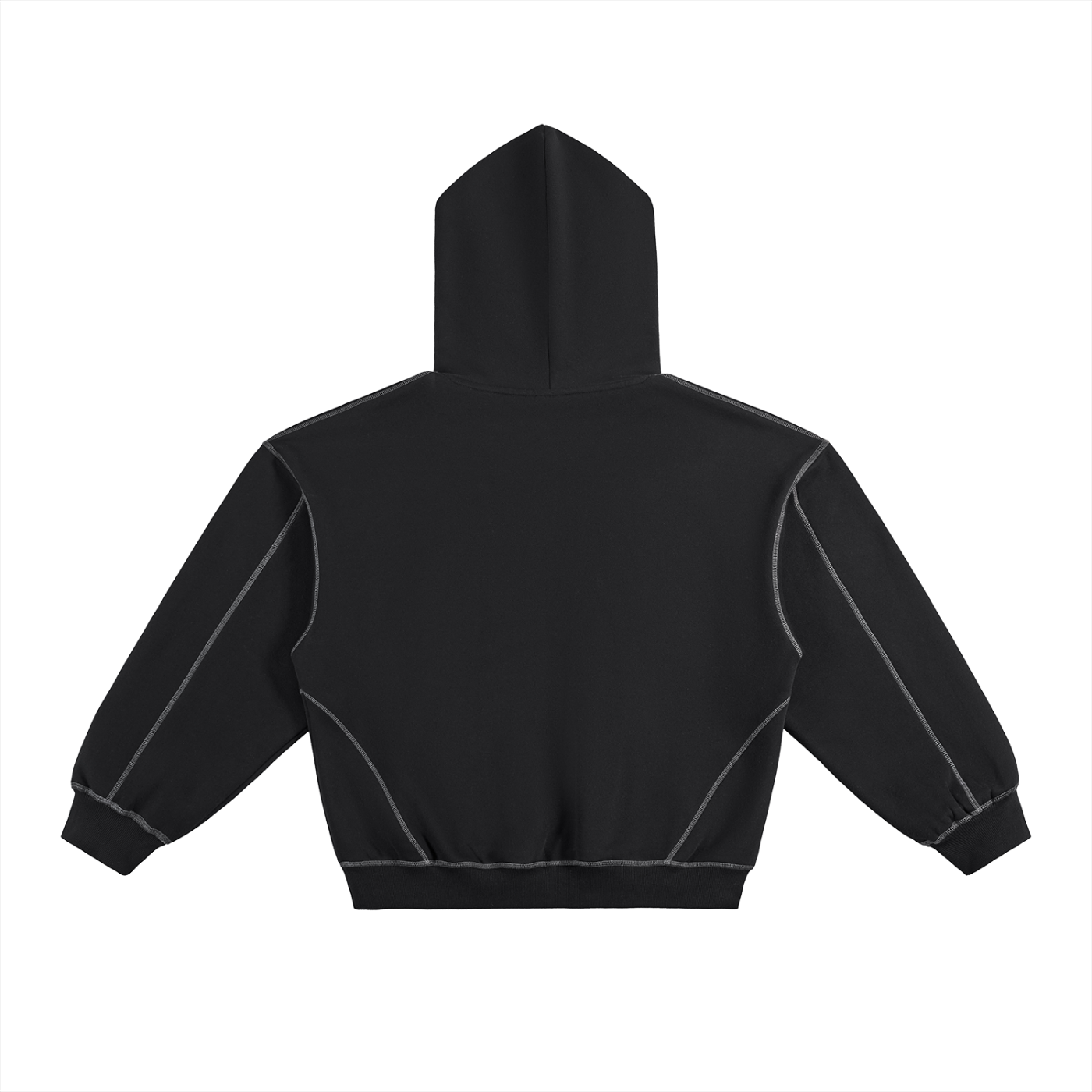 Back of a black hoodie with contrasting gray stitching.