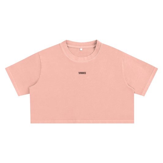 Peach crop top with "YAYOHOUSE" in dark text.
