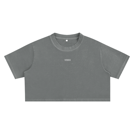 Gray cropped t-shirt with the word "YAYOHOUSE".
