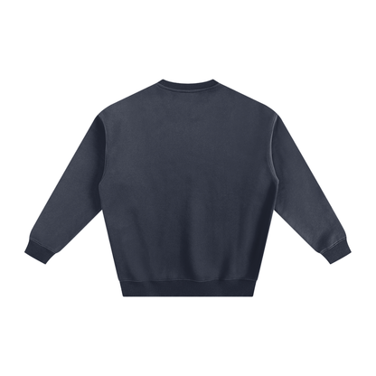 Back of a navy blue crew neck sweatshirt.
