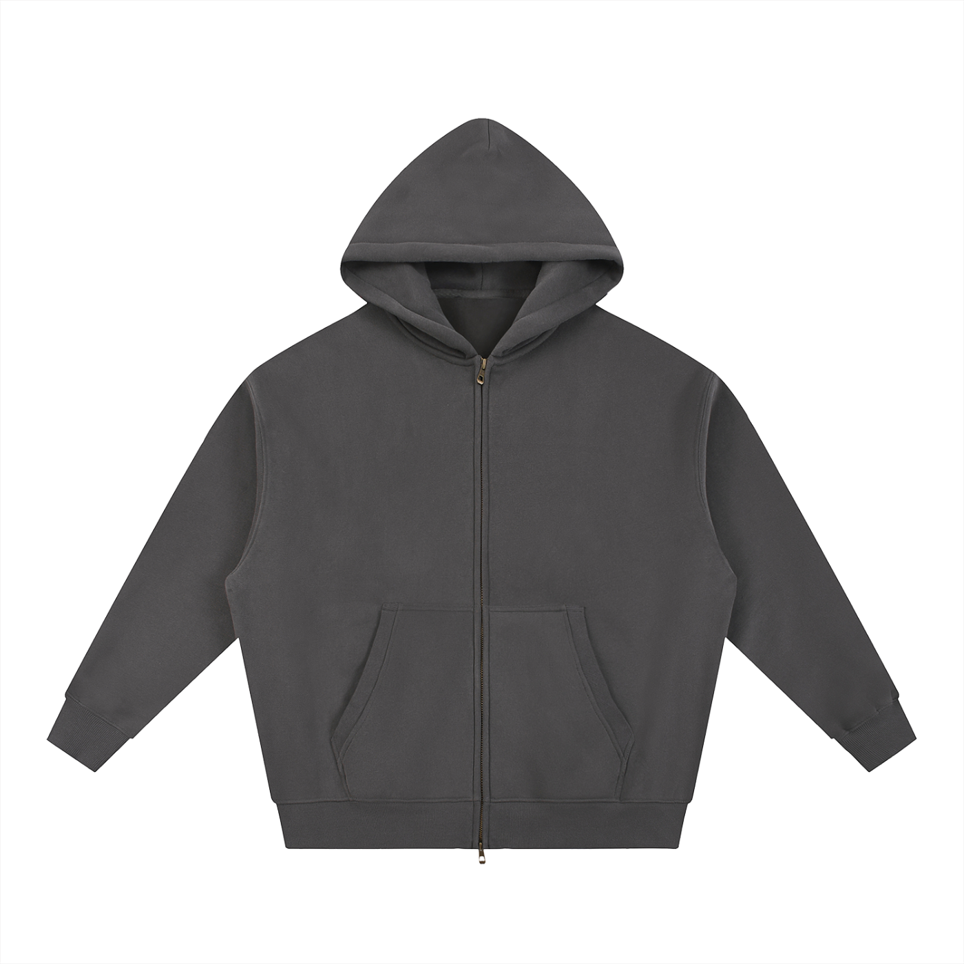 Charcoal grey zip-up hoodie.
