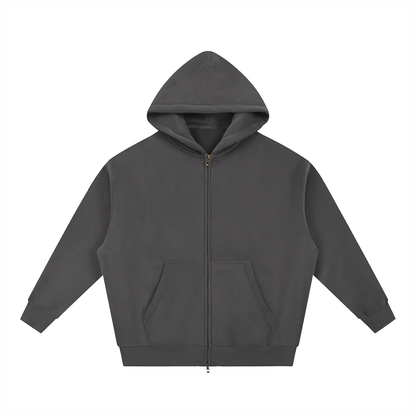 Charcoal grey zip-up hoodie.
