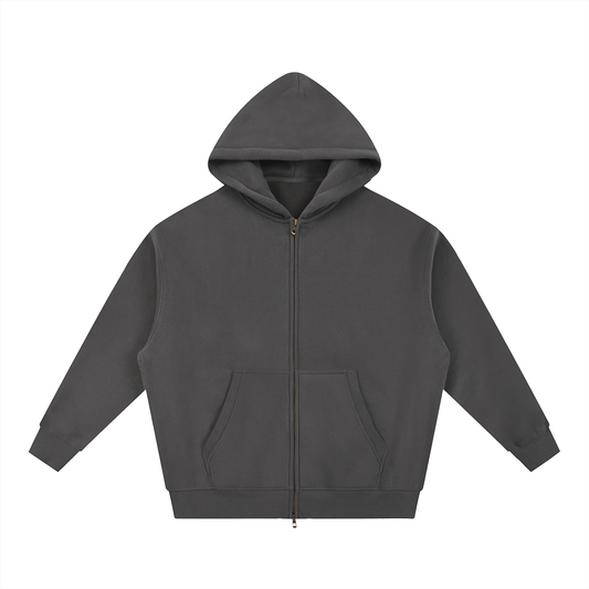 Charcoal grey zip-up hoodie.
