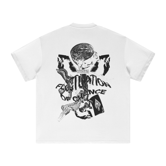 White t-shirt with black graphic design.