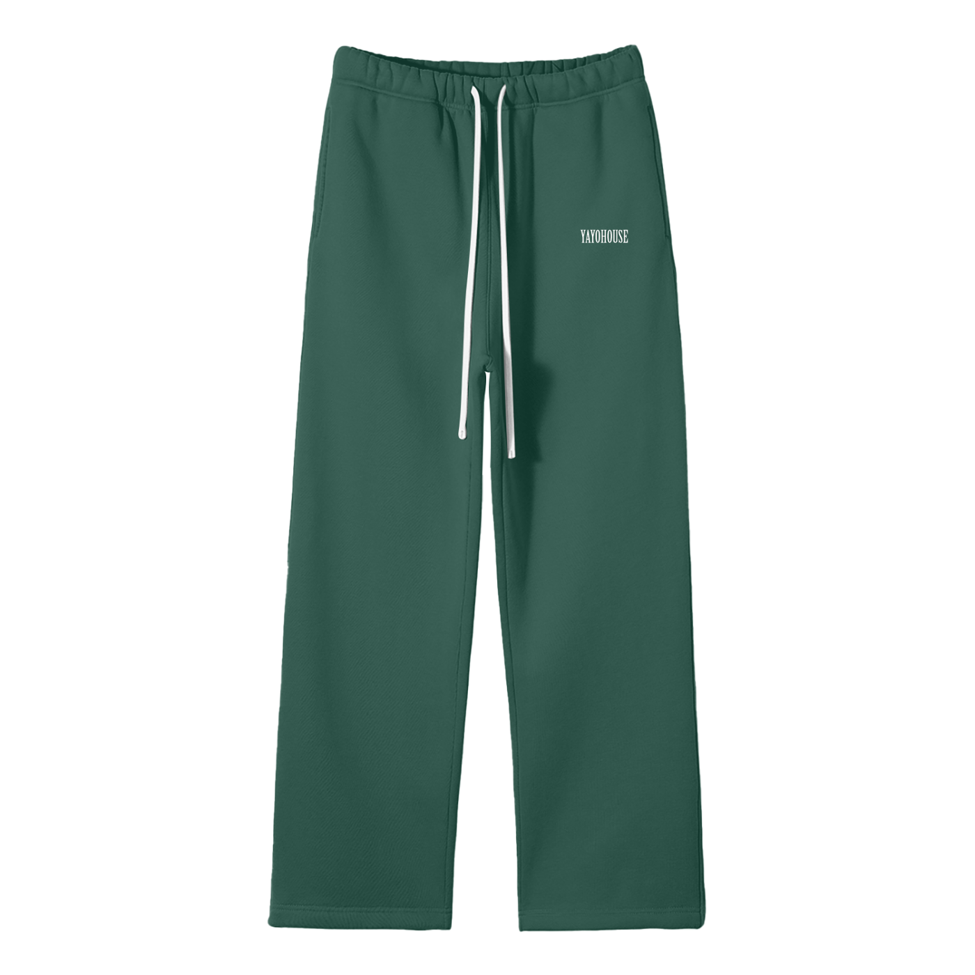 Green sweatpants with white drawstring.