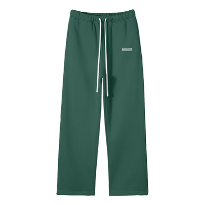 Green sweatpants with white drawstring.