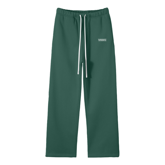 Green sweatpants with white drawstring.