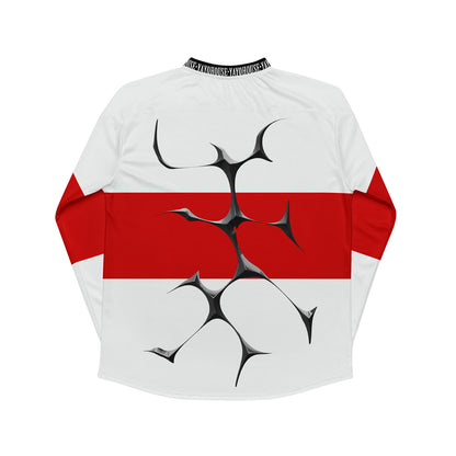 White and red long sleeve shirt with abstract design.