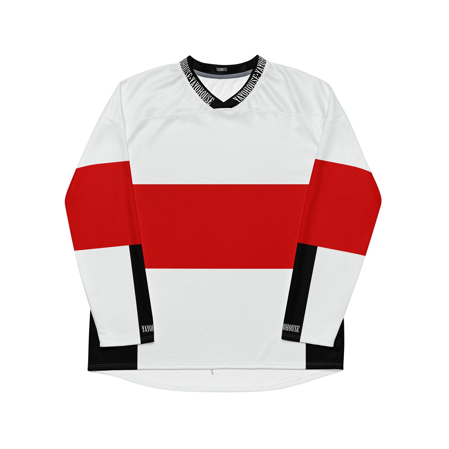 White, red, and black hockey jersey with "YAYOHOUSE" printed on the collar and bottom.