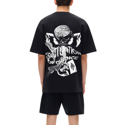 Black t-shirt with white graphic on back, black shorts, back view of person.